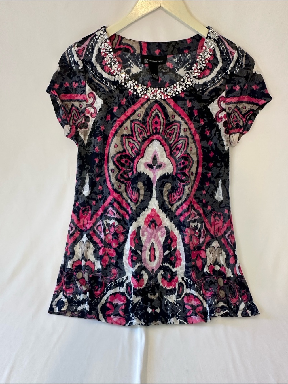 INC International Concepts Pink, Black & White Embellished Short Sleeve Top